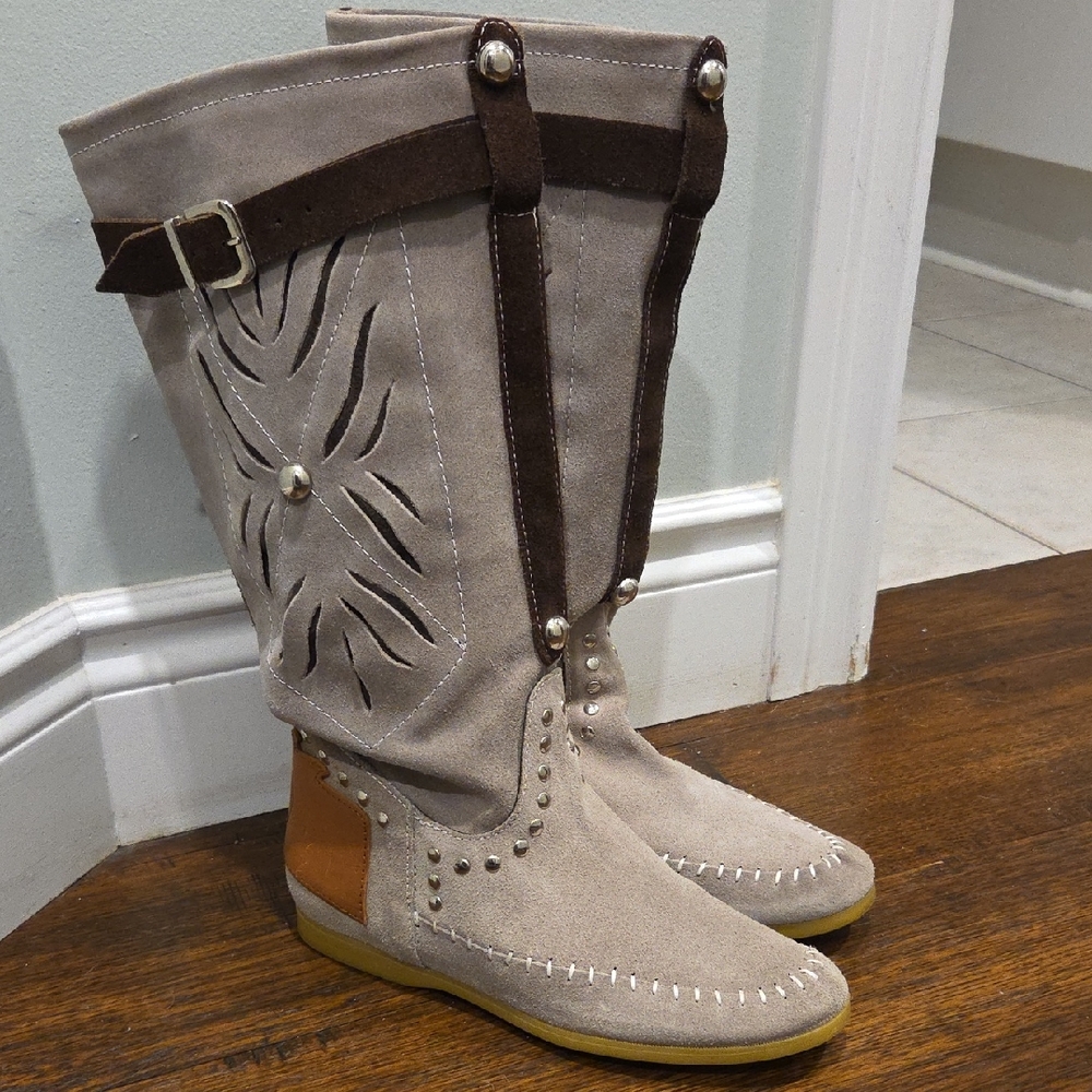 Sz 38 NATURAL LIFE SPARK Taupe and Brown Suede Mid-Calf Mocassin Boot Sz 7.5-8
